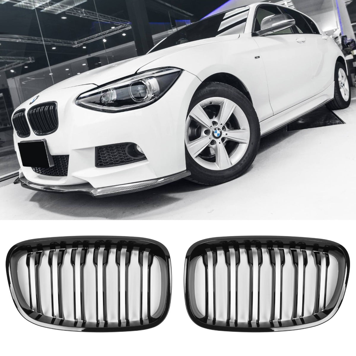 Sport Grille geschikt voor BMW 1-Serie F20 en F21 20212-2015 dubbele spijl glans zwart