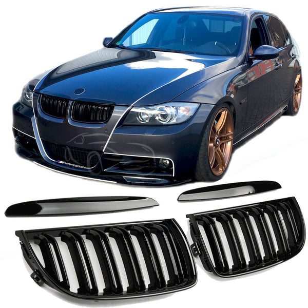 Sport Grille geschikt voor BMW 3-Serie E90 en E91 tot 08/2008 (pre-facelift) dubbele spijl glans zwart