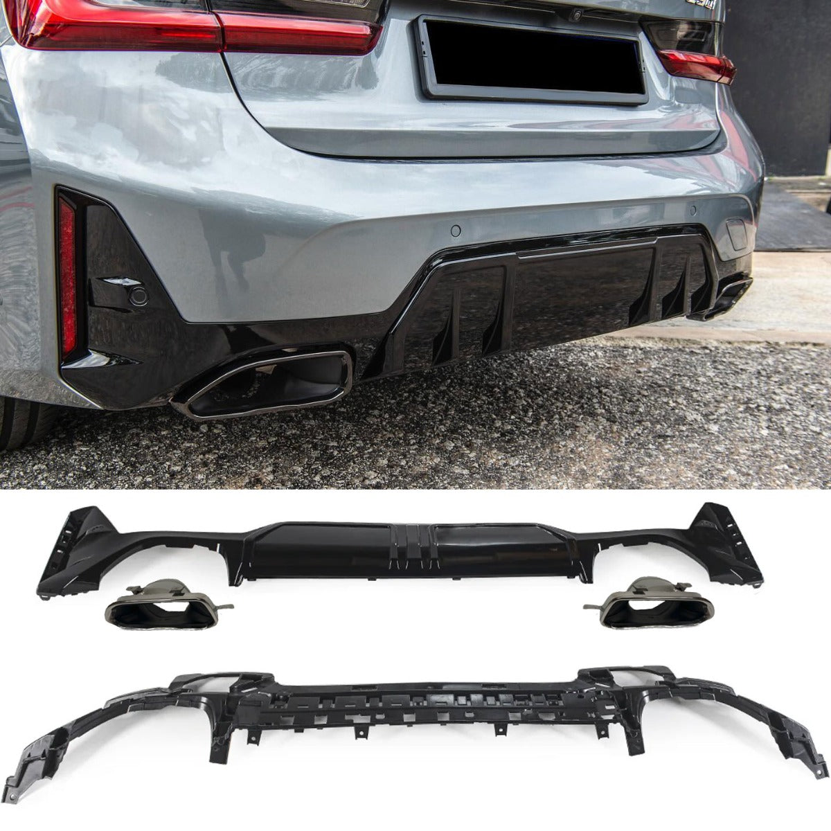 Sport Diffuser geschikt voor BMW 3-Serie G20 & G21 met M-Sport pakket vanaf 07/2022 (facelift) + uitlaatstukken chrome
