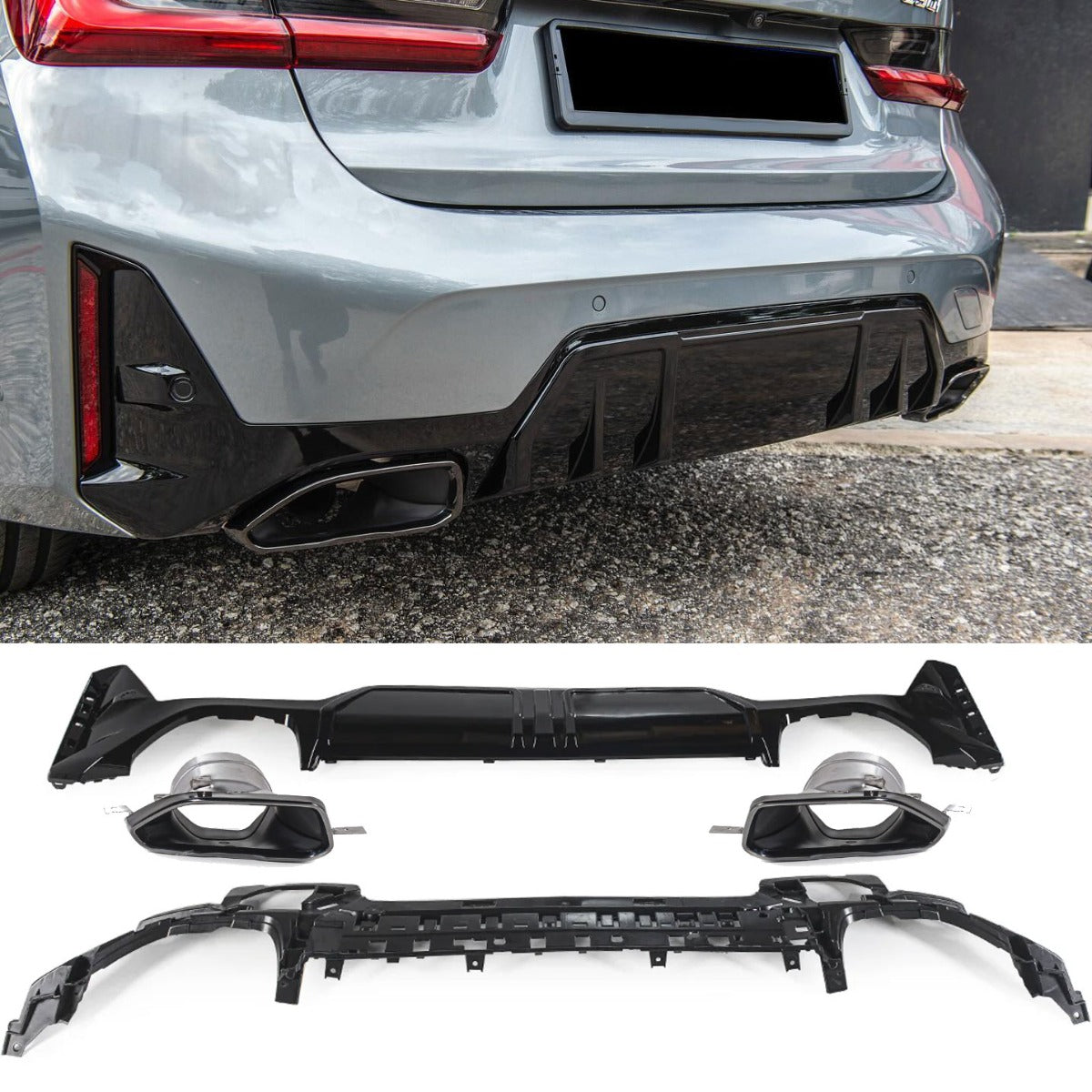 Sport Diffuser geschikt voor BMW 3-Serie G20 & G21 met M-Sport pakket vanaf 07/2022 (facelift) + uitlaatstukken zwart